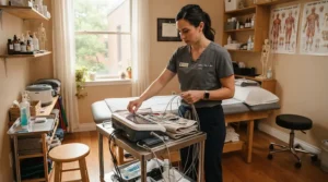 A solo practitioner prepping a stationary salon chair for small studios in a bright treatment room.