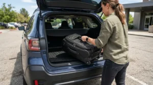 Loading a universal massage table bag into the trunk of a sedan for mobile therapy.