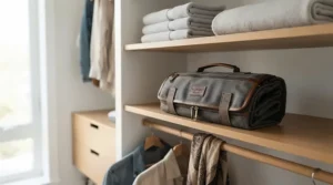 A durable universal massage table bag stored neatly in a bright American living room closet.