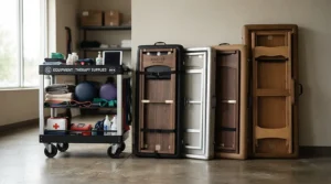 Demonstrating how a universal massage table bag fits various portable spa equipment brands.