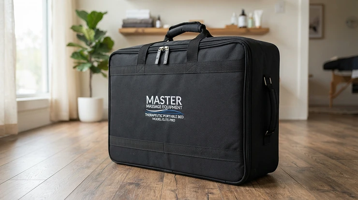 A one-size-fits-all universal massage table bag zipped securely around a portable spa bed.