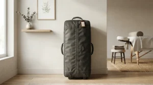 A neatly packed universal massage table bag standing in the corner of a wellness studio.