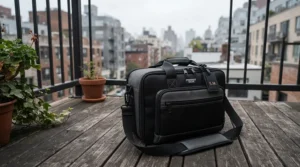 A rainproof waterproof massage table bag positioned on a high-rise apartment balcony overlooking a city.
