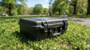 A waterproof massage table bag resting on grass during an outdoor appointment