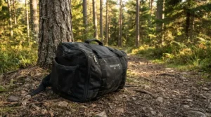 A heavy-duty waterproof massage table bag positioned near a mountain trailhead for an outdoor retreat.