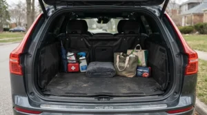 A waterproof massage table bag packed securely inside the trunk of a sedan