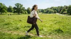 A mobile therapist carrying a waterproof massage table bag across a sunny green public park.