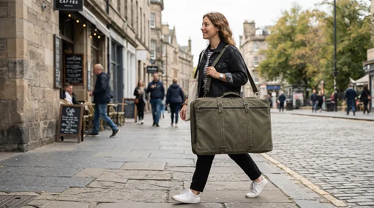 A wellness professional carrying a waterproof massage table bag over their shoulder