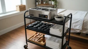 A comprehensive complete hot stone massage set for spa professionals set up for an upcoming luxury treatment session.