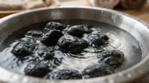 Close-up of smooth basalt stones from a complete hot stone massage set for spa professionals resting in warm water.