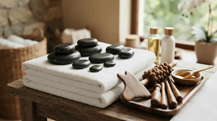 An all-in-one complete hot stone massage set for spa professionals displayed neatly on a wellness center towel station.