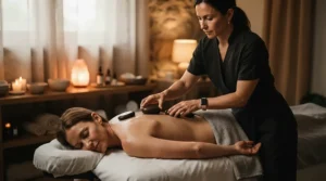 A professional utilizing a complete hot stone massage set for spa professionals during a signature relaxation service.