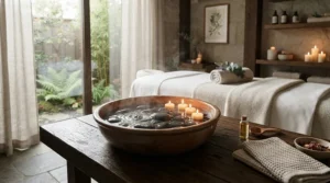 A modern wellness suite equipped with a complete hot stone massage set for spa professionals on display.
