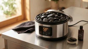 A complete hot stone massage set for spa professionals featuring a digital stone warmer on a sleek treatment room counter.