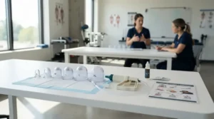 A professional cupping set for athletes and recovery arranged on a table in a busy athletic training room.