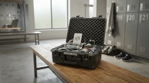 A portable cupping set for athletes and recovery sitting on a locker room bench next to gym gear.