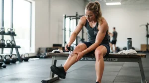 An athlete using a cupping set for athletes and recovery on their calf muscle after a intense workout session.