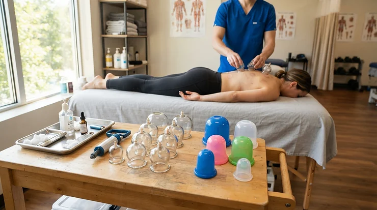 A complete cupping set for athletes and recovery displayed on a counter in a sports rehabilitation clinic.