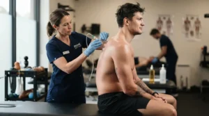A swimmer receiving treatment with a cupping set for athletes and recovery on their shoulder blades.