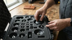 A sports team staff member packing a durable cupping set for athletes and recovery into a travel equipment bag.