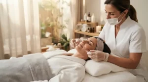 An expert esthetician utilizing a specialized cupping set for facial cupping therapy during a luxury facial treatment.