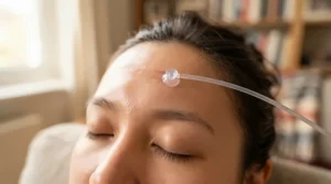 Demonstrating proper technique with a cupping set for facial cupping therapy across the forehead and brow line.