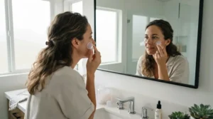 An individual using a cupping set for facial cupping therapy during an evening skincare routine at home.