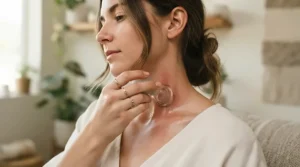 Using a cupping set for facial cupping therapy to perform targeted facial lymphatic drainage movements along the neck.