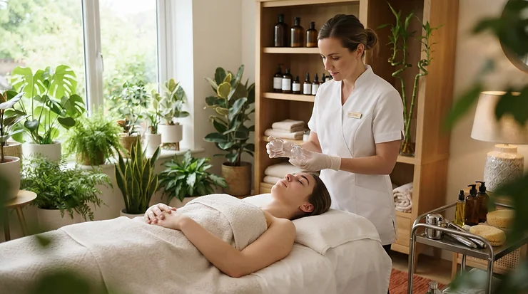 An esthetician holding a cupping set for facial cupping therapy inside a calm, professional day spa treatment room.