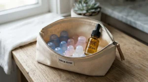 A portable cupping set for facial cupping therapy packed neatly inside a travel pouch for skincare on the go.