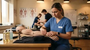 A student learning application techniques using cupping sets under $50 for massage clinics in a training workshop.