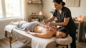 A licensed therapist performing a back treatment utilizing cupping sets under $50 for massage clinics.
