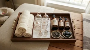 New cupping sets under $50 for massage clinics displayed alongside towels and oils on a clinic preparation tray.