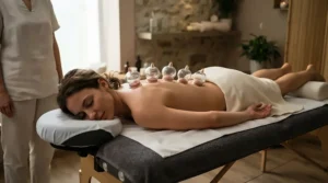 Relaxed patient receiving treatment with a glass cupping set for traditional fire cupping on the back.