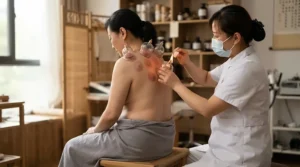 Holistic wellness session utilizing a glass cupping set for traditional fire cupping on the shoulders.