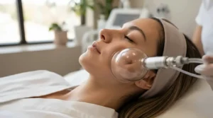 Skin suction effect shown with a glass cupping set for traditional fire cupping in progress.