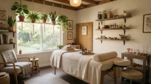 Calm wellness environment prepared with a glass cupping set for traditional fire cupping.