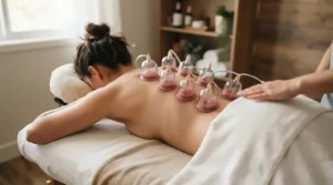 Multiple clear cups applied along the spine using a professional cupping set with pump for deep tissue muscle tension relief.