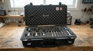An organized carrying case containing a professional cupping set with pump for deep tissue treatments and mobile practice.