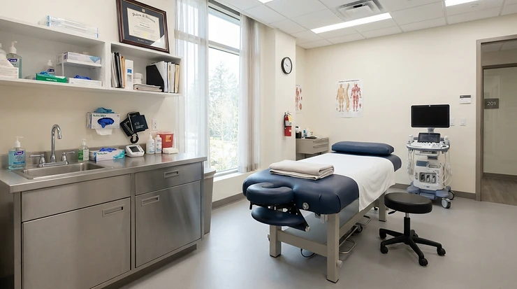 A professional cupping set with pump for deep tissue therapy laid out neatly on a treatment table in a modern physical therapy clinic.