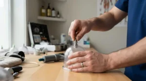 A licensed massage therapist holding the pistol grip of a professional cupping set with pump for deep tissue myofascial release.