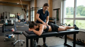 An athlete receiving back treatment from a sports chiropractor using a professional cupping set with pump for deep tissue care.