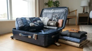 A travel size silicone cupping set for mobile therapists securely packed inside a travel suitcase alongside garments.