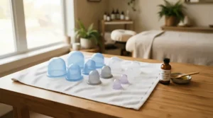 Travel-friendly treatment tools including a travel size silicone cupping set for mobile therapists laid out on a towel.